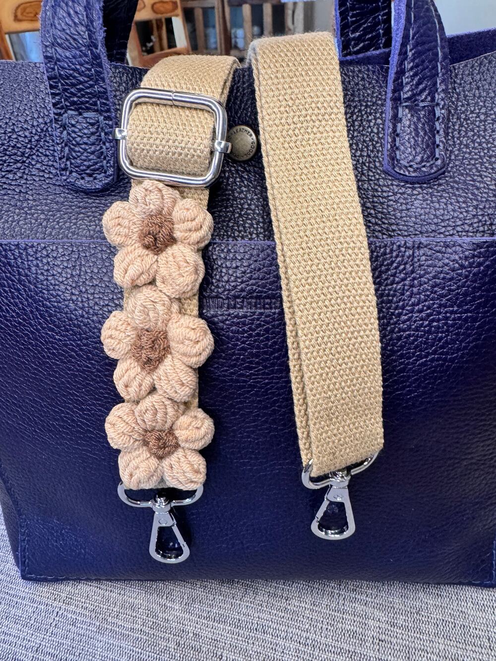 Beige Daisy Crochet Purse Strap Woven Bag Strap Crossbody Purse Strap Silver